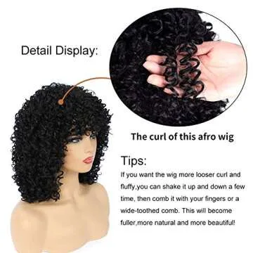 CLIONE Afro Curly Wigs for Black Women Kinky Curly Hair Wigs with Bangs Natural Black Short Curly Afro Wig Big Bouncy Fluffy Synthetic Heat Resistant Curly Afro Full Wigs for African Women (2#)