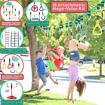 Ninja Warrior Obstacle Course for Kids Backyard 60FT Line with Tree Climbing Holds, Slider Pulley, S...