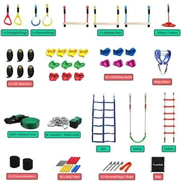 Ninja Warrior Obstacle Course for Kids Backyard 60FT Line with Tree Climbing Holds, Slider Pulley, Swing, Ladder, Net, Slackline, Wheel, Rings, Bars, 18 Attachments, Largest Ninja Course Play Kit