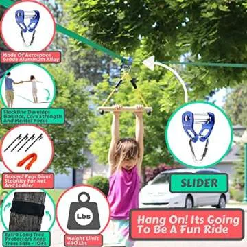 Ninja Warrior Obstacle Course for Kids Backyard 60FT Line with Tree Climbing Holds, Slider Pulley, Swing, Ladder, Net, Slackline, Wheel, Rings, Bars, 18 Attachments, Largest Ninja Course Play Kit