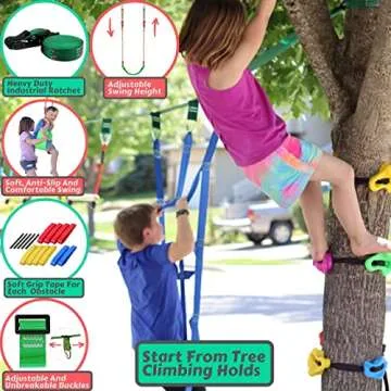 Ninja Warrior Obstacle Course for Kids Backyard 60FT Line with Tree Climbing Holds, Slider Pulley, Swing, Ladder, Net, Slackline, Wheel, Rings, Bars, 18 Attachments, Largest Ninja Course Play Kit