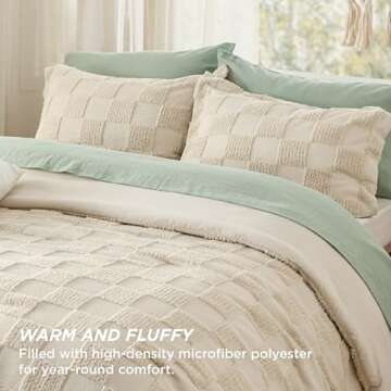 Bedsure Queen Size Comforter Set Beige, Boho Tufted Bed Set, Checkered Farmhouse Shabby Chic Bedding...