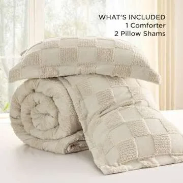 Bedsure Queen Size Comforter Set Beige, Boho Tufted Bed Set, Checkered Farmhouse Shabby Chic Bedding, 3 Pieces, 1 Plaid Geometric Comforter and 2 Pillow Shams