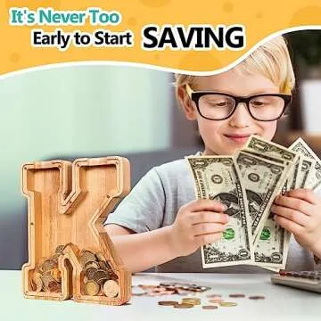 SummiDate Wooden Letter Piggy Bank for Kids| Piggy Bank for Boys Girls Toddler| Alphabet A Money Bank| Wood Coin Bank Personalized Birthday Gift for Kids (K)