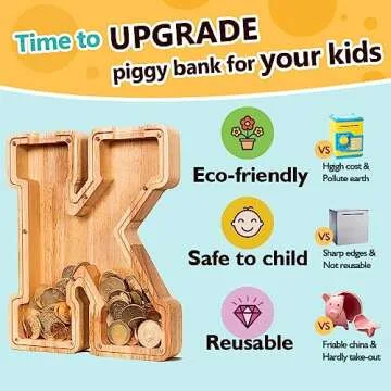 SummiDate Wooden Letter Piggy Bank for Kids| Piggy Bank for Boys Girls Toddler| Alphabet A Money Bank| Wood Coin Bank Personalized Birthday Gift for Kids (K)