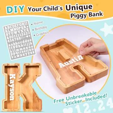 SummiDate Wooden Letter Piggy Bank for Kids| Piggy Bank for Boys Girls Toddler| Alphabet A Money Bank| Wood Coin Bank Personalized Birthday Gift for Kids (K)