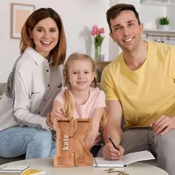 SummiDate Wooden Letter Piggy Bank for Kids| Piggy Bank for Boys Girls Toddler| Alphabet A Money Bank| Wood Coin Bank Personalized Birthday Gift for Kids (K)