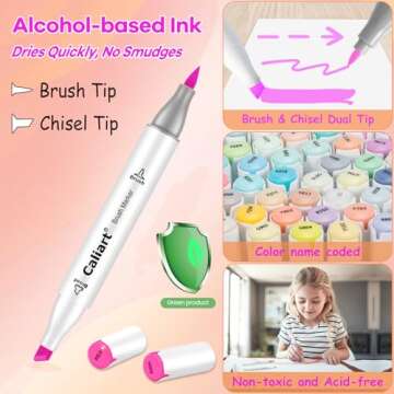 Caliart 101 Colors Brush & Chisel Alcohol Markers for Adult Coloring Book, Dual Tip Artist Sketch Ar...