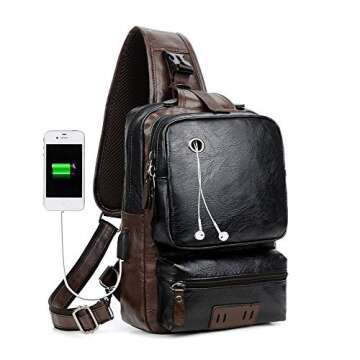 SDIYABOLO Small Black Sling Crossbody Backpack Shoulder Bag for Men Women Vintage PU Leather CrossBo...