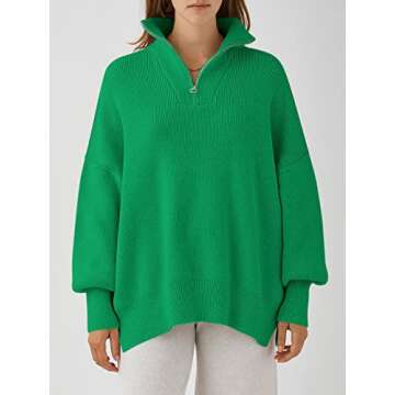 ANRABESS Women's Oversized Fashion Long Sleeve Quarter Zip Baggy Loose Slouchy Sweater Pullover Tops 2024 Fall Outfits Green Medium
