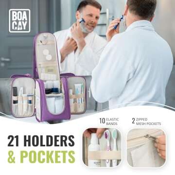 BOACAY Hanging Travel Toiletry Bag for Women and Men, Makeup Bag, Bathroom & Shower Organizer Kit for Accessories, Cosmetics, Travel Essentials