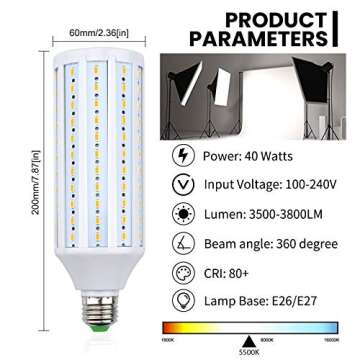 Bonlux 40W LED Corn Light Bulb, E26 Medium Screw Base LED Corn Bulb 150W 5500K CFL Daylight Full Spectrum Light Bulb Equivalent for Photography Video Garage Warehouse Street Path Lighting