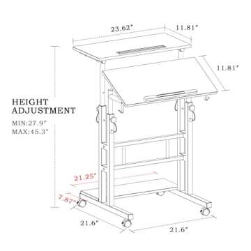 Mobile Standing Desk, Portable Stand Up Desk Small Rolling Desk Laptop Cart with Wheels Adjustable Laptop Table for Home or Office Workstation