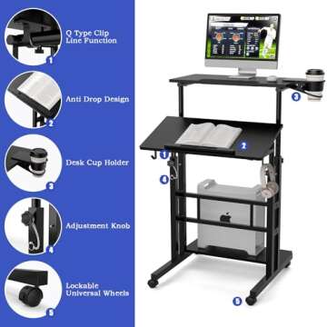 Mobile Standing Desk, Portable Stand Up Desk Small Rolling Desk Laptop Cart with Wheels Adjustable Laptop Table for Home or Office Workstation