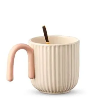 AVAFORT Nordic Ripple Texture Vintage Style Ceramic Coffee Mug with Styled Handle (Beige with Peach Handle)