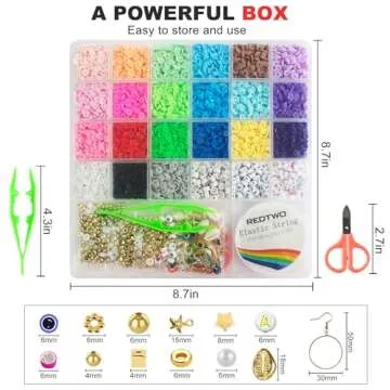 Redtwo 6200 Pcs Clay Beads Bracelet Making Kit, Flat Round Polymer Heishi Friendship Bracelet Jewelry Kit with Charms and Elastic Strings for Girls 8-12 Gifts for Kids