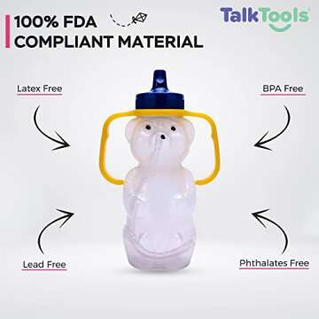 TalkTools Honey Bear Drinking Cup - Special Needs Assistive Drink Container | Spill Proof & Leak Resistant Lid | Helps teach lip rounding, tongue retraction and other oral-motor skills.