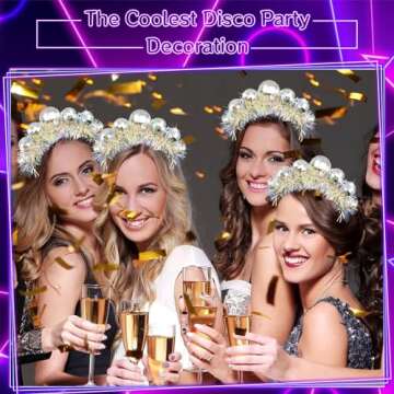 Newmemo Vintage Silver Disco Costume Headpieces - Mirror Ball Headband with Head Boppers for Women, Girls, Party, Bday, NYE