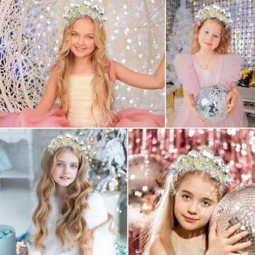 Newmemo Vintage Silver Disco Costume Headpieces - Mirror Ball Headband with Head Boppers for Women, Girls, Party, Bday, NYE