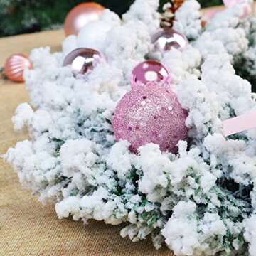CHRISTALE Christmas Wreath for Front Door - 16' White Chirsmtas Wreath wit Pink Ornaments, Christmas Wreath for Window, Pink Christmas Decoration