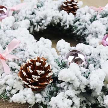 CHRISTALE Christmas Wreath for Front Door - 16' White Chirsmtas Wreath wit Pink Ornaments, Christmas Wreath for Window, Pink Christmas Decoration