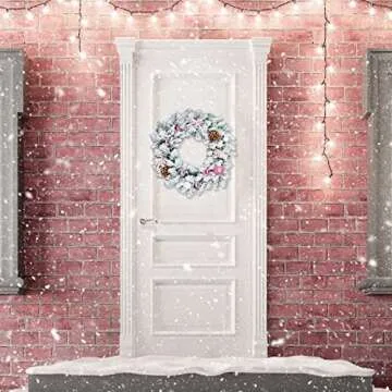 CHRISTALE Christmas Wreath for Front Door - 16' White Chirsmtas Wreath wit Pink Ornaments, Christmas Wreath for Window, Pink Christmas Decoration