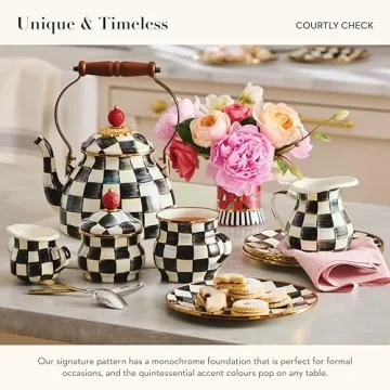 MACKENZIE-CHILDS Enamel Tea Kettle, Stylish Tea Kettle for Stovetop, Black-and-White Courtly Check, 2 Quarts
