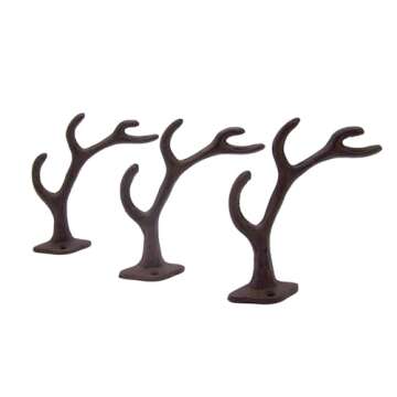 Rustic 4-Point Deer Antler Cast Iron Wall Hook 5.6 Inch (Set of 3)