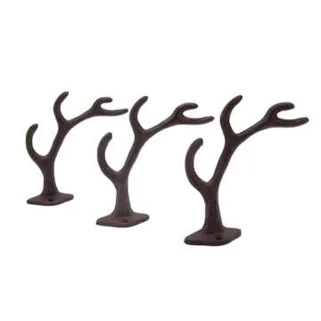 Rustic Cast Iron Deer Antler Wall Hooks - Set of 3