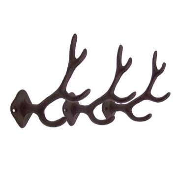 Rustic 4-Point Deer Antler Cast Iron Wall Hook 5.6 Inch (Set of 3)