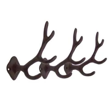 Rustic Cast Iron Deer Antler Wall Hooks - Set of 3