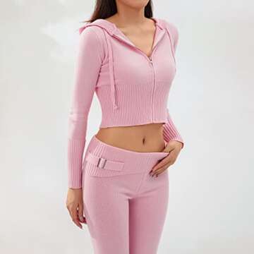 WPNAKS Women Knit 2 Piece Outfits Matching Set Ribbed Long Sleeve Hooded Crop Tops High Waist Pants Loungewear Long Pink