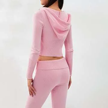 WPNAKS Women Knit 2 Piece Outfits Matching Set Ribbed Long Sleeve Hooded Crop Tops High Waist Pants Loungewear Long Pink
