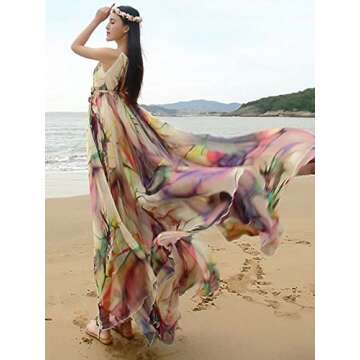 MedeShe Women's Chiffon Floral Holiday Beach Bridesmaid Maxi Dress Sundress (Large, Tropical Color)