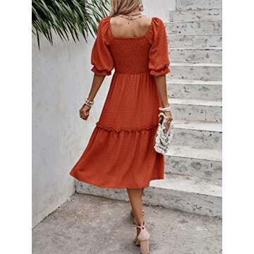 PRETTYGARDEN Women's Summer Casual Midi Dresses 2025 Spring Puff Sleeve Square Neck A-line Flowy Boho Smocked Beah Vacation Dress (Orange,L)