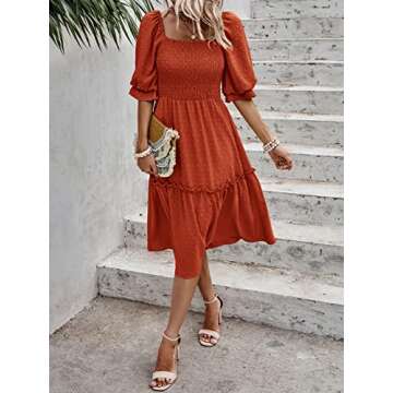 PRETTYGARDEN Women's Summer Casual Midi Dresses 2025 Spring Puff Sleeve Square Neck A-line Flowy Boho Smocked Beah Vacation Dress (Orange,L)