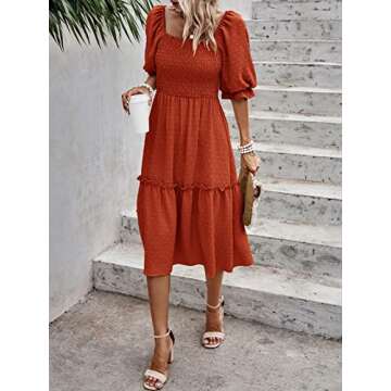 PRETTYGARDEN Women's Summer Casual Midi Dresses 2025 Spring Puff Sleeve Square Neck A-line Flowy Boho Smocked Beah Vacation Dress (Orange,L)