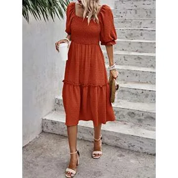 PRETTYGARDEN Women's Summer Casual Midi Dresses 2025 Spring Puff Sleeve Square Neck A-line Flowy Boho Smocked Beah Vacation Dress (Orange,L)