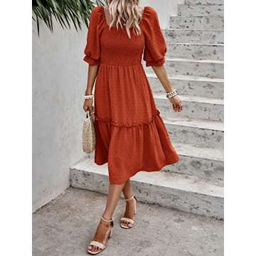 PRETTYGARDEN Women's Summer Casual Midi Dresses 2025 Spring Puff Sleeve Square Neck A-line Flowy Boho Smocked Beah Vacation Dress (Orange,L)