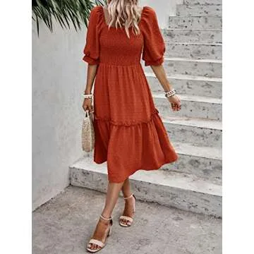 PRETTYGARDEN Women's Summer Casual Midi Dresses 2025 Spring Puff Sleeve Square Neck A-line Flowy Boho Smocked Beah Vacation Dress (Orange,L)