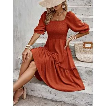 PRETTYGARDEN Women's Summer Casual Midi Dresses 2025 Spring Puff Sleeve Square Neck A-line Flowy Boho Smocked Beah Vacation Dress (Orange,L)