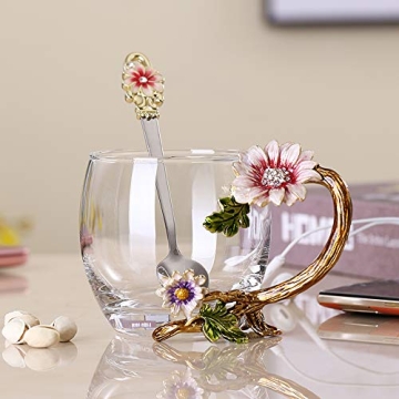 JY-Danbady Enamel Sunflower Crystal Lead-Free Glass Tea Cup with Spoon Set