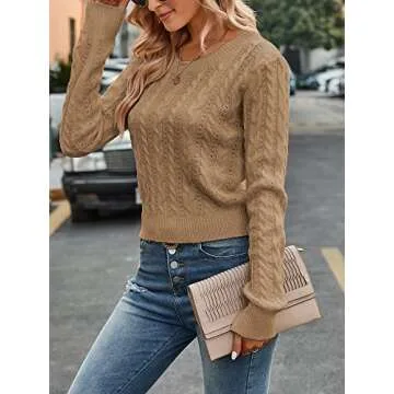 ZAFUL Women's Cable Cropped Sweater Long Sleeve Crewneck Pullover Knit Jumper Crop Top (1-Camel Brown, S)