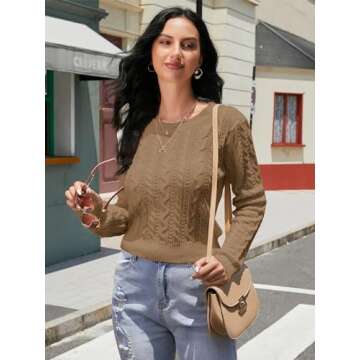 ZAFUL Women's Cable Cropped Sweater Long Sleeve Crewneck Pullover Knit Jumper Crop Top (1-Camel Brown, S)