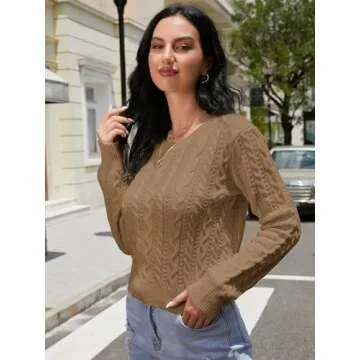 ZAFUL Women's Cable Cropped Sweater Long Sleeve Crewneck Pullover Knit Jumper Crop Top (1-Camel Brown, S)