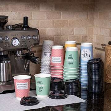 UBREW Disposable Coffee Cups With Lids - (Double Wall) 12 oz Coffee Cups To Go (50 pack) Paper Coffee Cups With Lids 5 Quotes and Designs | Recyclable Eco-Friendly| Hot Coffee Cups with Lids