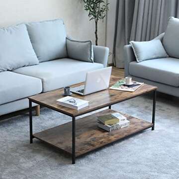Bonzy Home Industrial Coffee Table with Storage Shelf for Living Room, Vintage Wood Look Accent Furniture with Metal Frame Cocktail Table, Easy Assembly