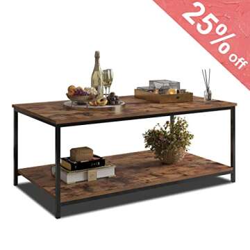 Bonzy Home Industrial Coffee Table with Storage Shelf for Living Room, Vintage Wood Look Accent Furniture with Metal Frame Cocktail Table, Easy Assembly