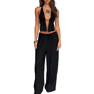 TUWIXIUW Women Sexy Backless Halter Top Wide Leg Pants Set