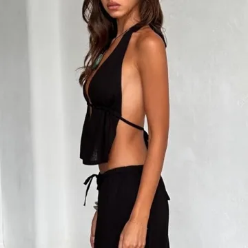 TUWIXIUW Women Sexy Backless Halter Top Wide Leg Pants Set